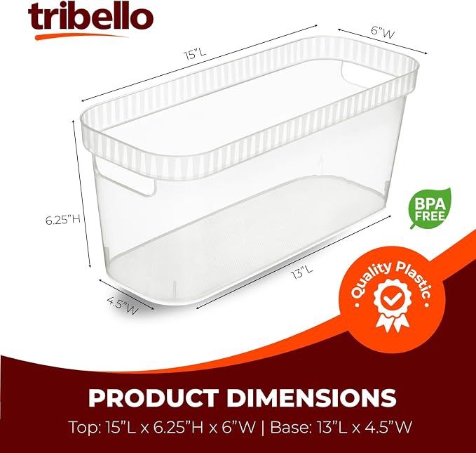 Tribello Modern Narrow Organizer Storage Bin, Slim Clear Plastic Household Storage Container for Kitchen Pantry storage, Under Sink Bin, Bathroom/Laundry Room - 6 Pack (Narrow - 15” X 6” X 6”)