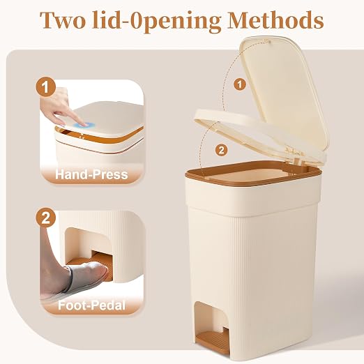 Small Bathroom Trash Can with Lid Slim Step Garbage Can 2.6 Gallon Cream | Stylish Decor Soft Close Trash Bin Plastic Wastebasket with Trash Bags for Kitchen Bedroom Office Living Room Toilet College