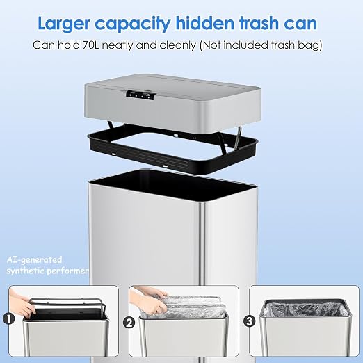 Sensor Trash Can, Touchless Motion Sensor Trash Bin | Smart Automatic Garbage Can with Soft-Close Lid, Bag Retainer Ring and Display Light, for Kitchen, Office (Silver, 13.2 Gal)