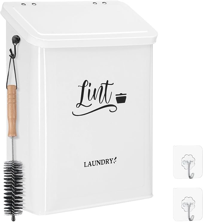 Magnetic Lint Bin for Laundry Room with Brush & Hook - Large Laundry Organizer and Storage, Wall Mounted Trash Can with Lid, Space-Saving Dryer Lint Holder Laundry Room Decor, White