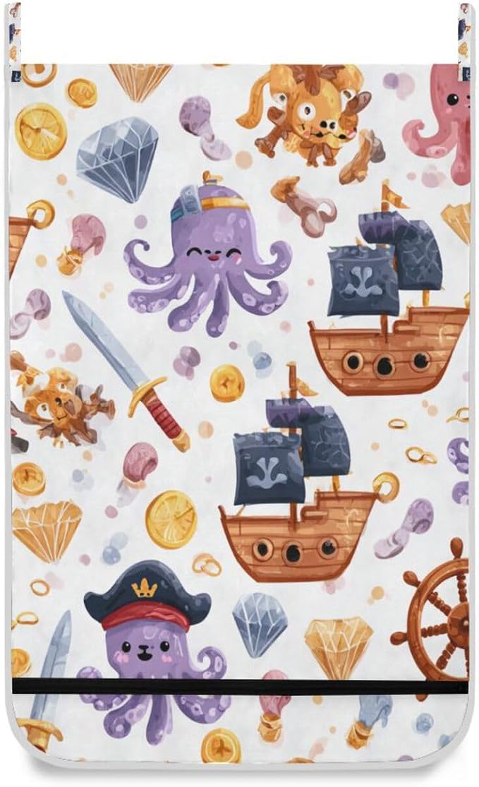 Cute Pirate Octopuses Sailboats Diamonds Hanging Laundry Hamper Door Hampers Bag Basket with Stainless Steel Hooks Oxford Fabric Printing Decorative Clothes Bags 29.5X20inch 2Pack