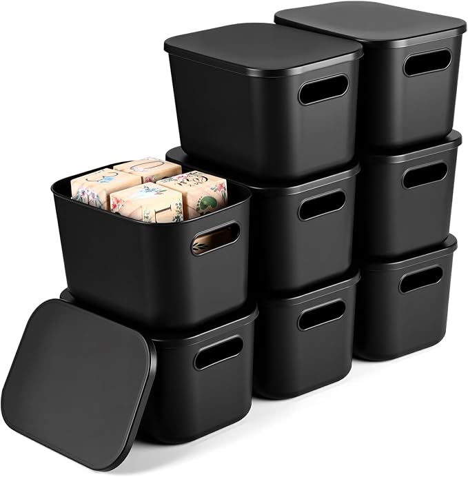 Hoolerry 8 Pack Storage Bins, 9.8 X 7.1 X 6.3 Inch Black | Plastic Stackable Containers with Lid Handle, For Shelves Desktop Playroom Office, Organizing Toys Books Supplies Storage