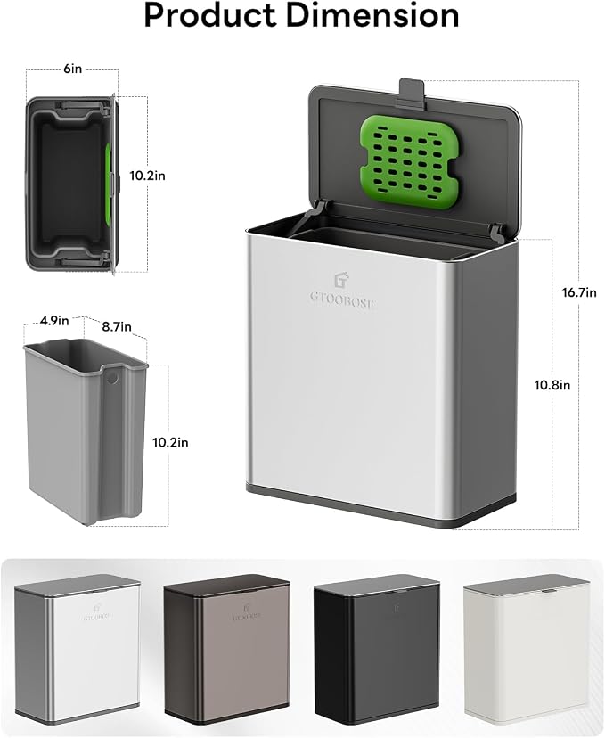 Kitchen Compost Bin, 8L/2.1G Small Trash Can with Lid, Slim Stainless Steel Hanging Garbage Bin for Kitchen, Bathroom, Bedroom, Office, Wall Mounted Compost Bin with Inner Bucket, Silver