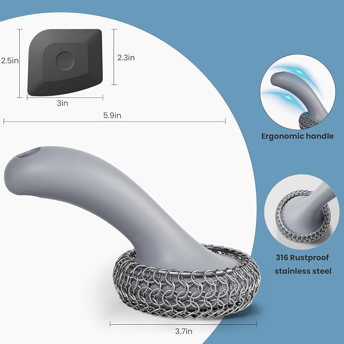 Cast Iron Scrubber with Long Handle Dish Scouring Pad Chainmail Cleaner | 316 Cast Iron Scrubber for Pan Skillet, Dishwasher Safe Cleaning Kit (Grey, 1 Scrubber + 1 Scraper)