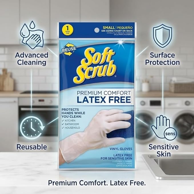Soft Scrub Vinyl Cleaning Gloves Large – White Reusable Rubber – Cleaning Household Chores – Kitchen Washing Dishes – Rubber Gloves Dishwashing Women – Pack of 2