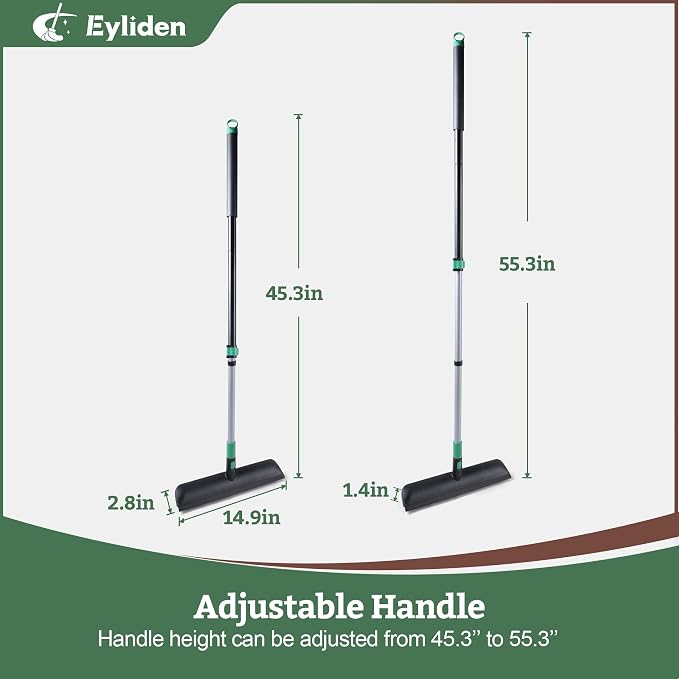 Eyliden Scrub Brush with Squeegee, Floor Deck Tile Bath Cleaning Scrubber | 15-inch Wide, 45° Angle 2-in-1 Stiff Bristles & Rubber Head, 55" Telescoping Long Handle, for Shower Kitchen Patio Garage
