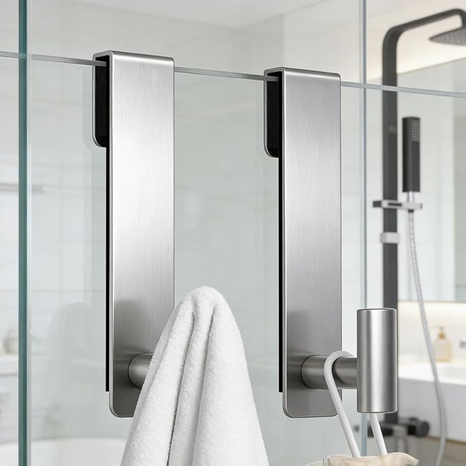 PMMASTO 7.5 InchShower Door Hooks, Silver- T Shape | Stainless Steel Hooks Organize Towels And Robes on Frameless Glass Shower Doors in Bathrooms