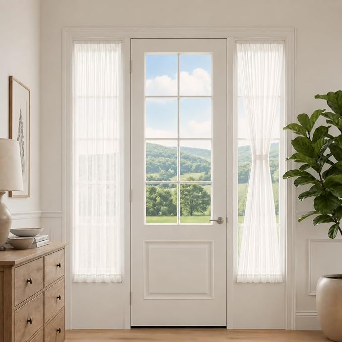 Aquazolax Rod Pocket White Sheer Curtains 72 inches Long Light Filtering Voile Curtain for French/Front Doors/Open Closet (25" Wide, 1 Panel in White, Tieback Included)