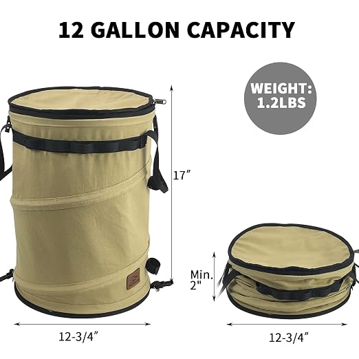 Sutekus Pop Up Storage Bin Collapsible Trash Can Recycle Container Reusable Utility Bag with Zippered Lid for Camping, Laundry, Garden (Khaki Color)