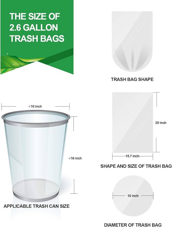 FORID Small Clear Trash Bags, 2.6 Gallon Garbage Bags, Wastebasket Bin Liners 110 Count Plastic Trash Bags for Bathroom Bedroom Office Garbage Can 10 Liters - Durable & Thick Trash Bag