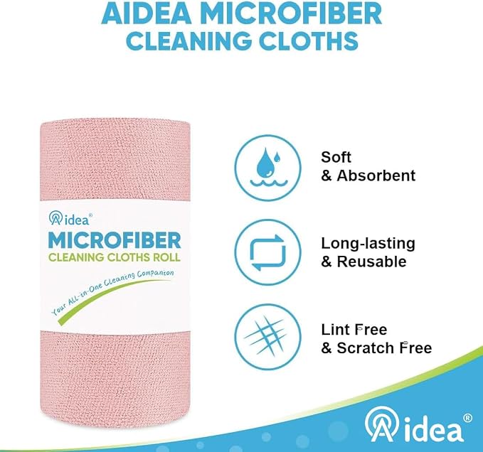 AIDEA Microfiber Cleaning Cloth Roll-50PK, Cleaning Rags 11.5"×11.5", Pink | Tear Away Reusable Paper Towels, Shop Rags, Microfiber Towels for Cars, Lint Free Cloth for Home, Kitchen, Garage Shop