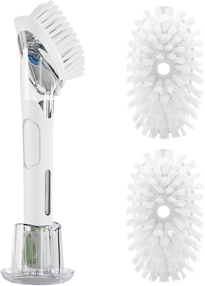 RIMAY Soap Dispensing Dish Brush Set with 2 Brush Refills and Holder | Dish Scrubber with Handle Kitchen Dishwashing Brush Dish Wand for Dishes, Pans, Pots And Sink, White