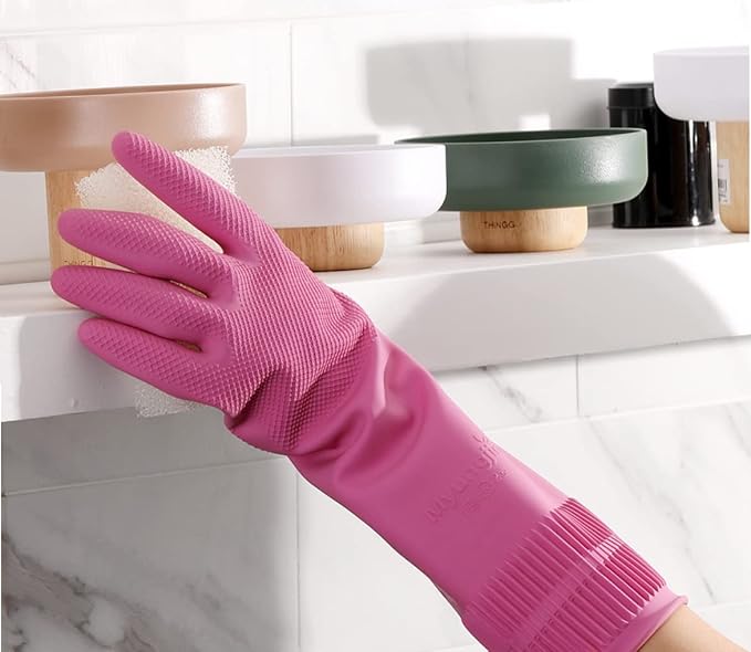 Myungjin (2 Pairs Reusable Waterproof Household Dishwashing Non-Slip Cleaning Latex Rubber Kitchen Gloves (Pink, XX-Large)