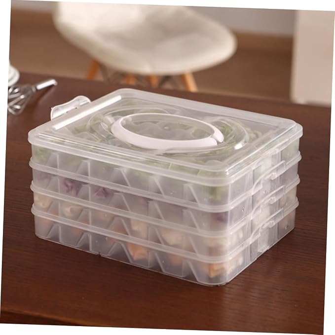 Luxshiny Dumpling Storage Box Four Layer PP Organizer with 18 Grids | Portable Handle, Food Preservation, Odor Separation, Camping and Housekeeping Use, Stackable Design, Four Trays