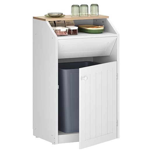 Trash Cabinet, Freestanding Trash Can Cabinet, Wooden Recycling with Flip Door, 10 Gallon Hidden Kitchen Garbage Can for Kitchen, Living Room, White WB01WT