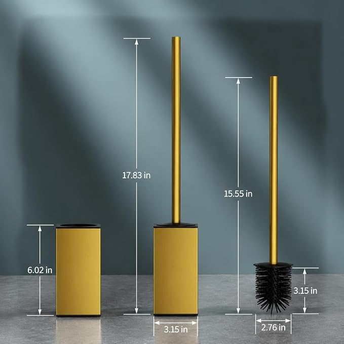 FORIOUS Stainless Steel Toilet Bowl Brush Scrubber and Holder Set Short | Gold, Extended Handle, Removable Inner Bowl, Stable Splash Guard, Steel Joint, Scratch‑Resistant Bristles, for Bathroom RV