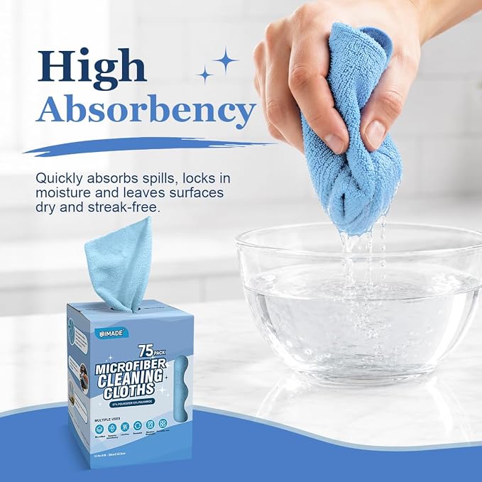 Microfiber Cleaning Cloth, 75 Sheets Microfiber Towels for Cars | Commercial Grade Washcloths Lint-Free Bulk Shop Towel Cleaning Rags for Household Restaurant Garage, 11"x 9", Blue