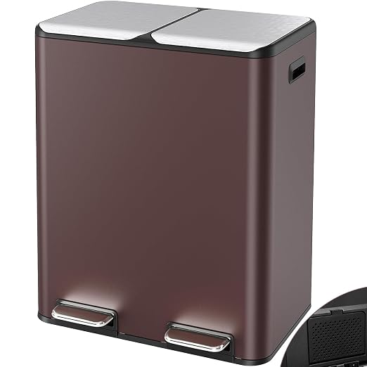 Arlopu 16Gal Dual Trash Can w/2 Built-in Box for Odor Control | Hands-Free Kitchen Garbage Bin, Recycle Waste Dustbin, Soft-Close Lid, 2 Buckets, Foot Pedal, Side Handle, for Home (Brown)