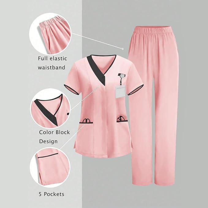 2026 Housekeeping Uniform Cleaning Uniforms - Button V Neck Top & Pants with Multi Pockets - Scrubs for Women