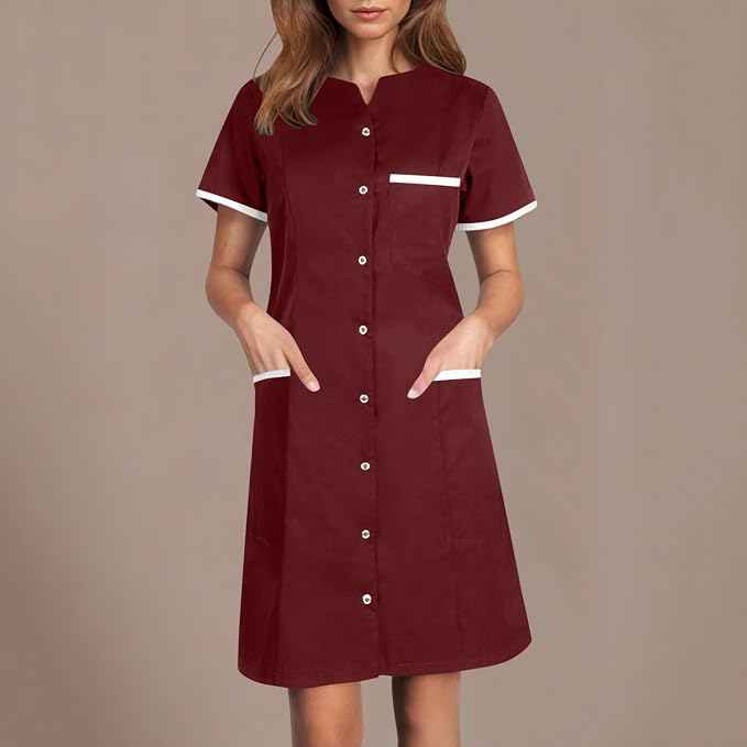 Scrubs Dress for Women - Button Front Nursing Workwear - Casual Housekeeping Dresses with Pockets
