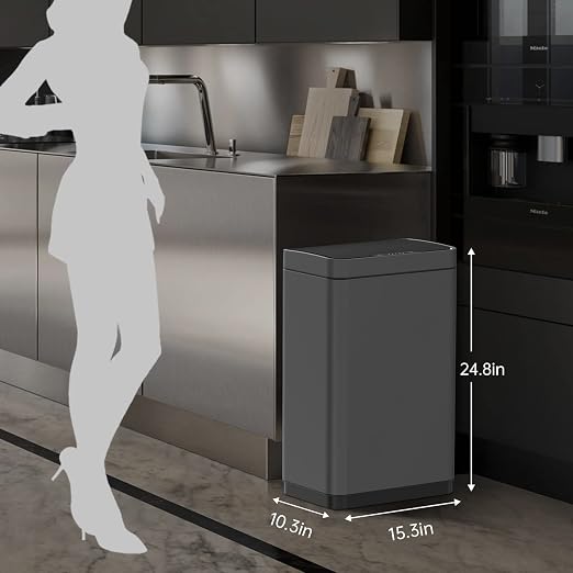 Mbillion 15 Gallon Touchless Motion Sensor Trash Can | Rectangular grey smart garbage can with lid, automatic touchless design for kitchen, bedroom, home & office use