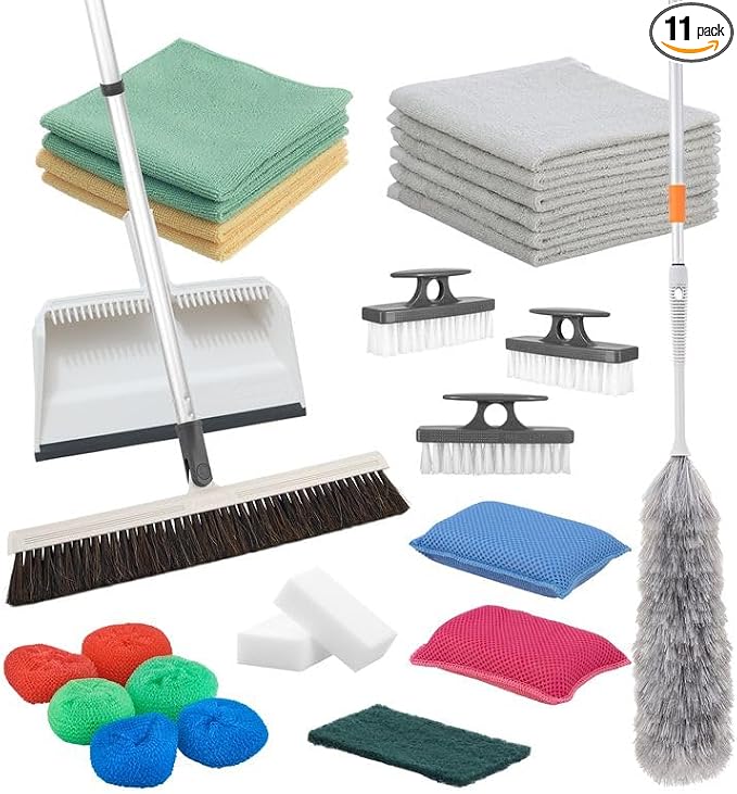 Superio Passover & Spring Cleaning Essentials – Broom, Dustpan, Towels, Sponges, Brushes, Duster, Eraser & Scouring Pads, Multi-Purpose Home & Kitchen Set