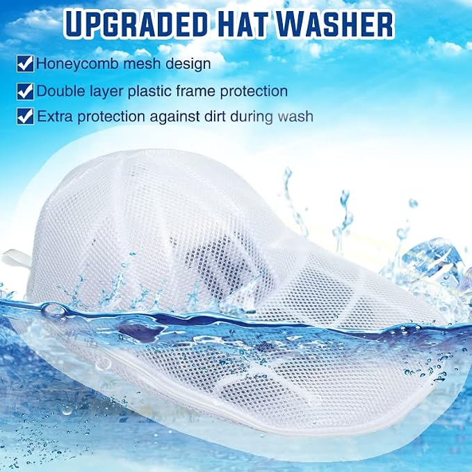 Hat Washer Cage for Washing Machine (2 Pack - White) | Baseball Cap Washer with Mesh Bags, for Washing Machine or Dishwasher, Ball Cap Washers Frame for Flat & Curved Hats