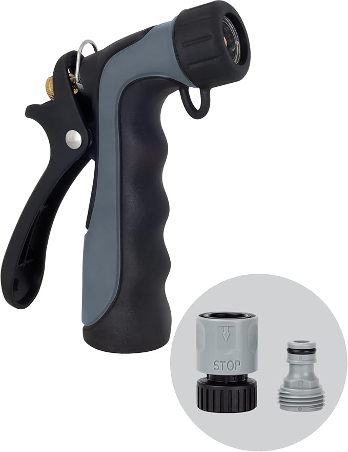 Melnor 65144AMZ Hot Water Hose Nozzle with Adjustable Spray Pattern, Metal Core, Insulated Grip, 160°F Rated, High Pressure Spray, Quick Connect Bundle, Black, Gray | Adjustable Spray Pattern, Metal Core, Insulated Grip, 160°F Rated, High Pressure Spra...