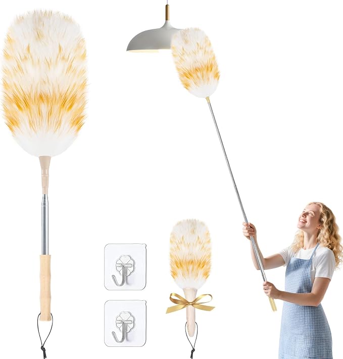 LOVECO Lambs Wool Dusters for Scratch-Free Cleaning Extendable 29-49 Inch | Includes: Sticky Hooks×2, Small Duster×1, Electrostatic Dusters Suitable for Office, Home, Car