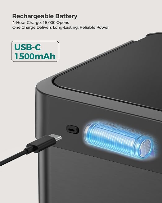 13 Gallon Automatic Kitchen Trash Can,Touchless Sensor Garbage Can,Black | Built‑in 1500mAh Rechargeable Battery,Stainless Steel Motion Sensor Trash Can, Silent Close Lid Smart Trash Bin for Home