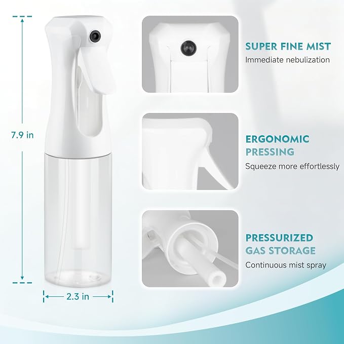 Continuous Spray Bottle for Hair, 6.8 OZ Ultra Fine Mist Spray Bottle | Leak Proof, Pre-Compression Technology, 360° Mist Sprayer for Hair Styling, Cleaning, Watering and Pets