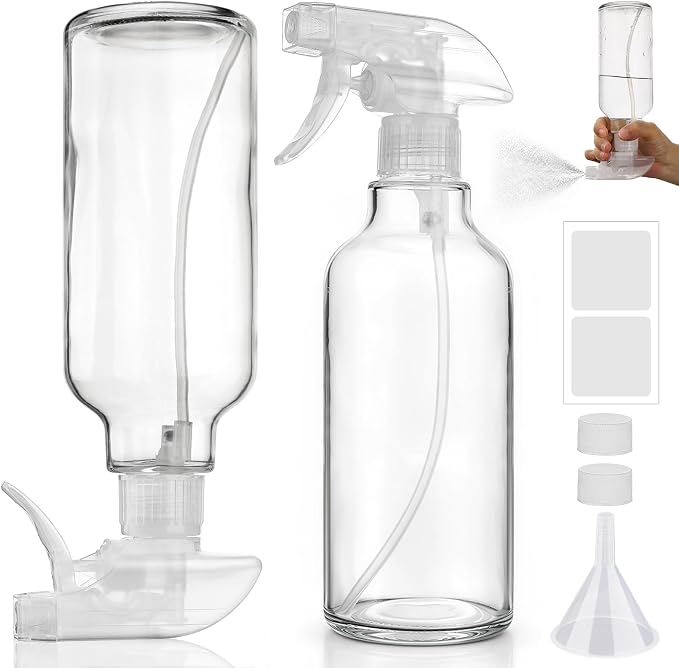 16.9oz Glass Spray Bottles 2 Pack, 360 Any-Angle Spraying | Refillable Spray Bottles with Adjustable Nozzle, Leakproof for Cleaning, Essential Oils, Plants, Hair Care