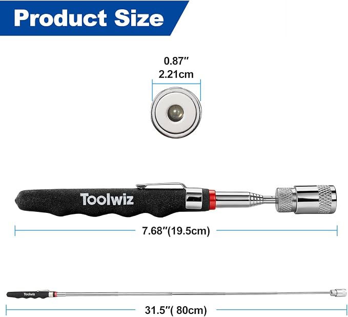 Toolwiz 17" Rolling Magnetic Sweeper with LED Telescopic Pick Up Tool | 10lbs Capacity Sweeper, 8lbs Telescopic Magnetic Pick Up Tool with LED Light, Lightweight with Wheels
