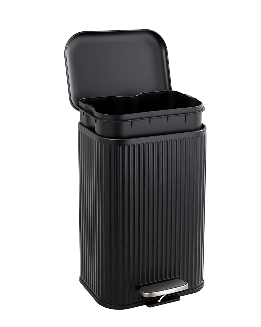 Soft-Close Step Trash Can – Black Stainless Steel Indoor Recycling Bin, Fluted Rectangular Design, Removable Inner Bucket, Waste Container for Office, Home, Bathroom – Black