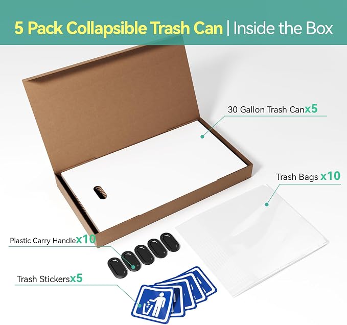 5 Pack Disposable Trash Cans for Parties, 30 Gallon Pop Up Trash Can | Collapsible with Handle, Thick Recycled Cardboard Bins for Events, Camping & Parties, Includes 10 Pcs Large Garbage Bags