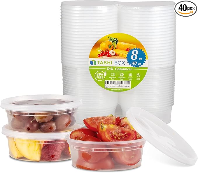 TashiBox [8oz-40 Sets Plastic Containers with Airtight Lids, Food Storage Containers, Deli, Slime, Soup, Meal Prep Containers | BPA Free | Stackable | Leakproof | Microwave/Dishwasher/Freezer Safe