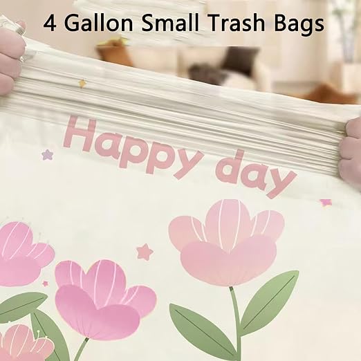 4 Gallon Trash Bags 200pcs Drawstring Tearing-free for Bathroom Office Home Bedroom Trash Can with Pink Floral Printed Garbage Basket Bags (4Gallon 200pcs)
