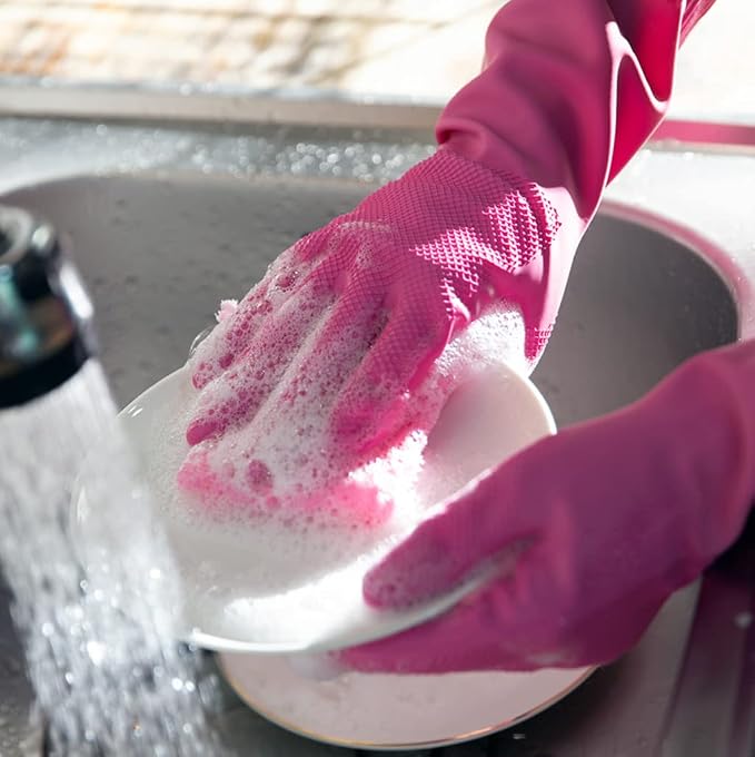 Myungjin (2 Pairs Reusable Waterproof Household Dishwashing Non-Slip Cleaning Latex Rubber Kitchen Gloves (Pink, XX-Large)