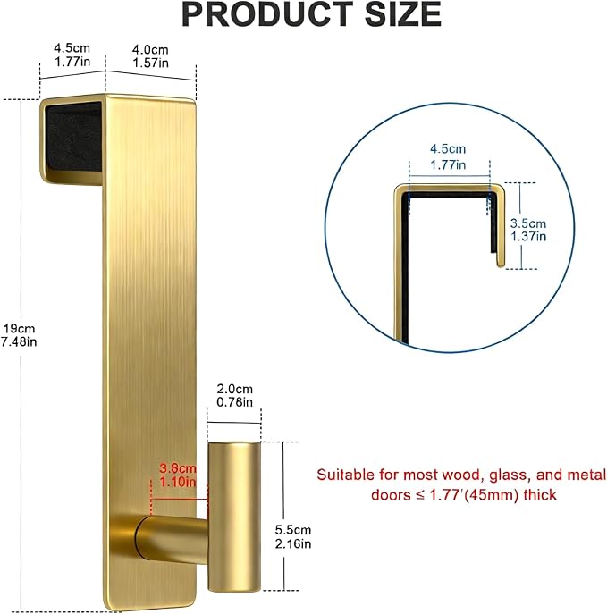 PMMASTO 7.5 Inch Over The Door Hooks, Gold- 2 Pack, T Shape | Stainless Steel Door Hooks Organize Coats Towels Robes in Bathrooms Bedrooms Closets