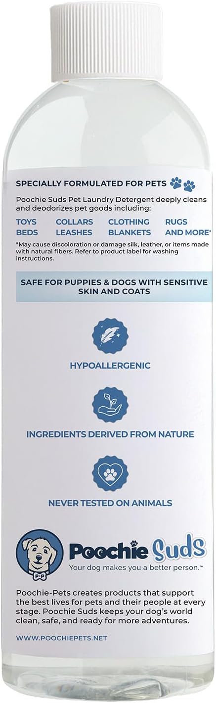 Poochie Suds Pet Laundry Detergent, Enzyme Cleaner and Odor Remover, Hypoallergenic and Fragrance-Free Pet Safe Detergent for Dog and Cat Bedding, Blankets, Toys and Gear, Made in USA, 16 fl oz