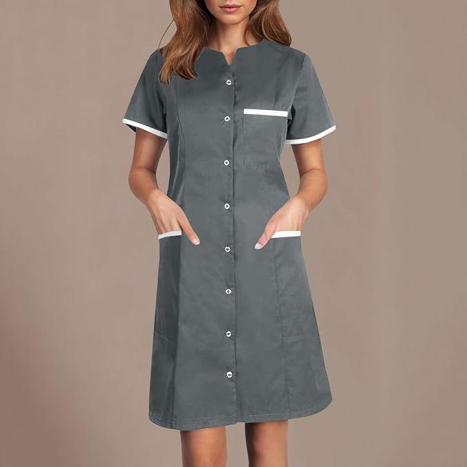 Scrubs Dress for Women - Button Front Nursing Workwear - Casual Housekeeping Dresses with Pockets