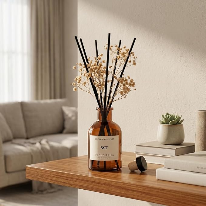 Coconut & Vanilla Scent Reed Diffuser Set for Bathroom Decor | Air Fresheners Oil Diffuser With Flower | 4.0 fl oz Home Fragrance With Sticks Defusers | House Office Shelf Decor