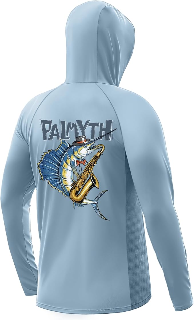 Palmyth Men's Fishing Hoodie UPF 50+ Long Sleeve with Face Mask Neck Gaiter | Zipper Pocket, Thumb Loops, Quick-Dry, Side Mesh Panels, Lens Cleaning Cloth