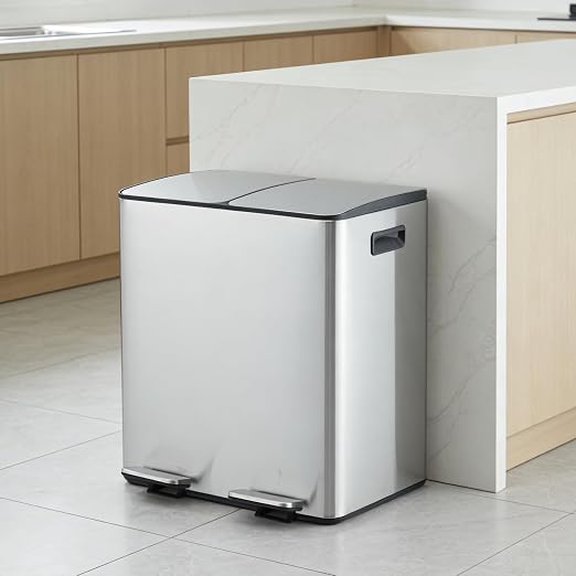 Dual Compartment Stainless Steel Kitchen Trash Can, 2 x 5.3 Gallon (20L) Removable Inner Buckets, Soft-Close Lid, Odor-Sealing, Foot Pedal, Rust-Proof & Space-Saving Waste Bin for Recycling