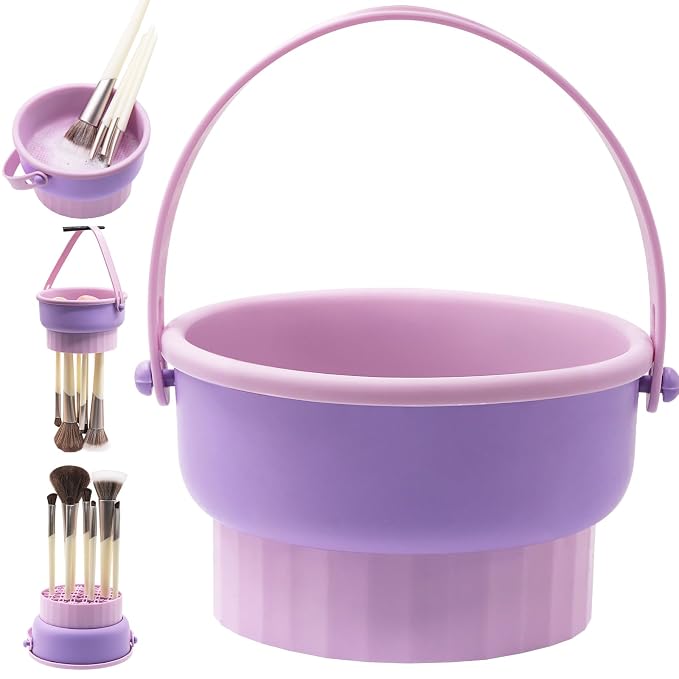 Makeup Brush Cleaner Mat, Brush Cleaner Bowl For Deep Cleaning Tools, 3 in 1 Cleaning Tool Makeup Organizer Storage for Brushes, Powder Puffs, and Sponges(Purple)
