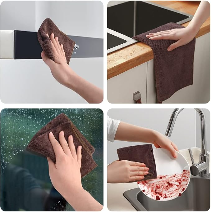 Microfiber Dish Cloth Kitchen Cleaning Cloth 12x12In 12 Pack Brown | Absorbent, No Streak, Dish Rags, Lens, Cloths