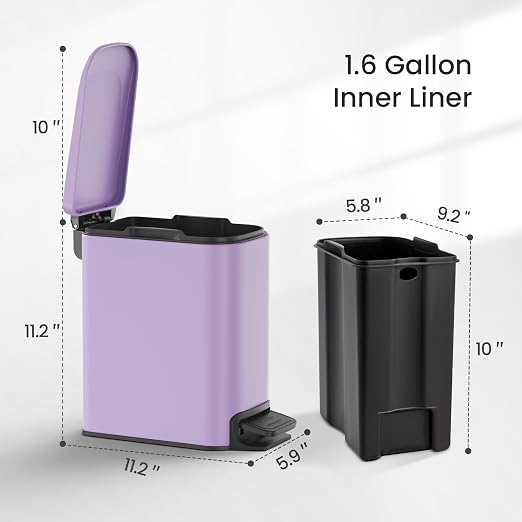 Cesun Small Bathroom Trash Can with Lid, 1.6 Gal, Soft Close, Purple | Step pedal soft close, Slim 5.9in fits narrow spaces, Stainless steel, Anti-fingerprint, Removable inner bucket, Odor seal