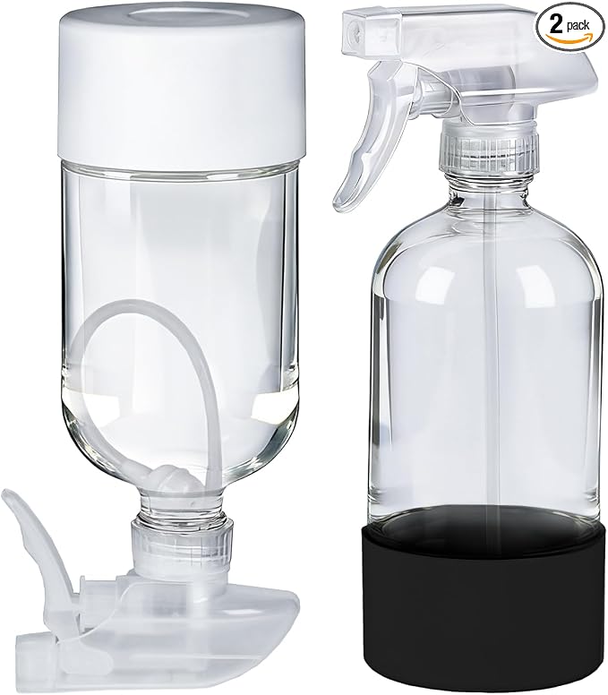 2 Pack 360° Glass Spray Bottles with Silicone Sleeve Black&White | 360° Inverted Spray Nozzle, Gravity Ball Designed for Cleaning Crack & Crevice, Leak-proof and Pressure-Resistant Design