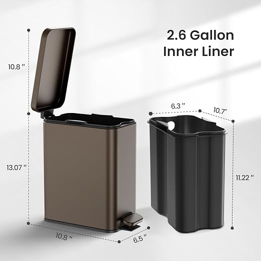 Cesun 2.6 Gallons Small Bathroom Trash Can with Lid Soft Close, Brown | Removable Inner Bucket, Small Stainless Steel Garbage Can for Bedroom/Office, Hands-Free Step Pedal, Fingerprint-Resistant