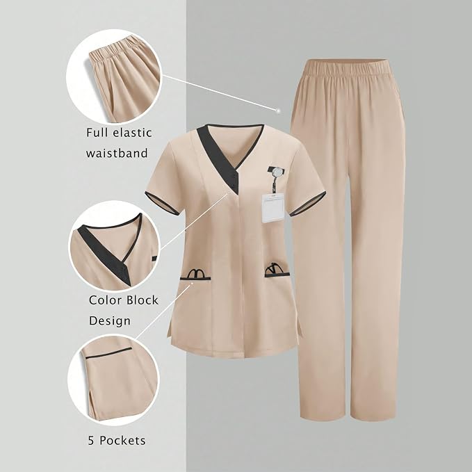 2026 Scrub for Cleaning Jobs Uniform, Multi Pockets Scrubs for Women Sets, V-Neck Top & Straight Leg Pants Scrubs Set